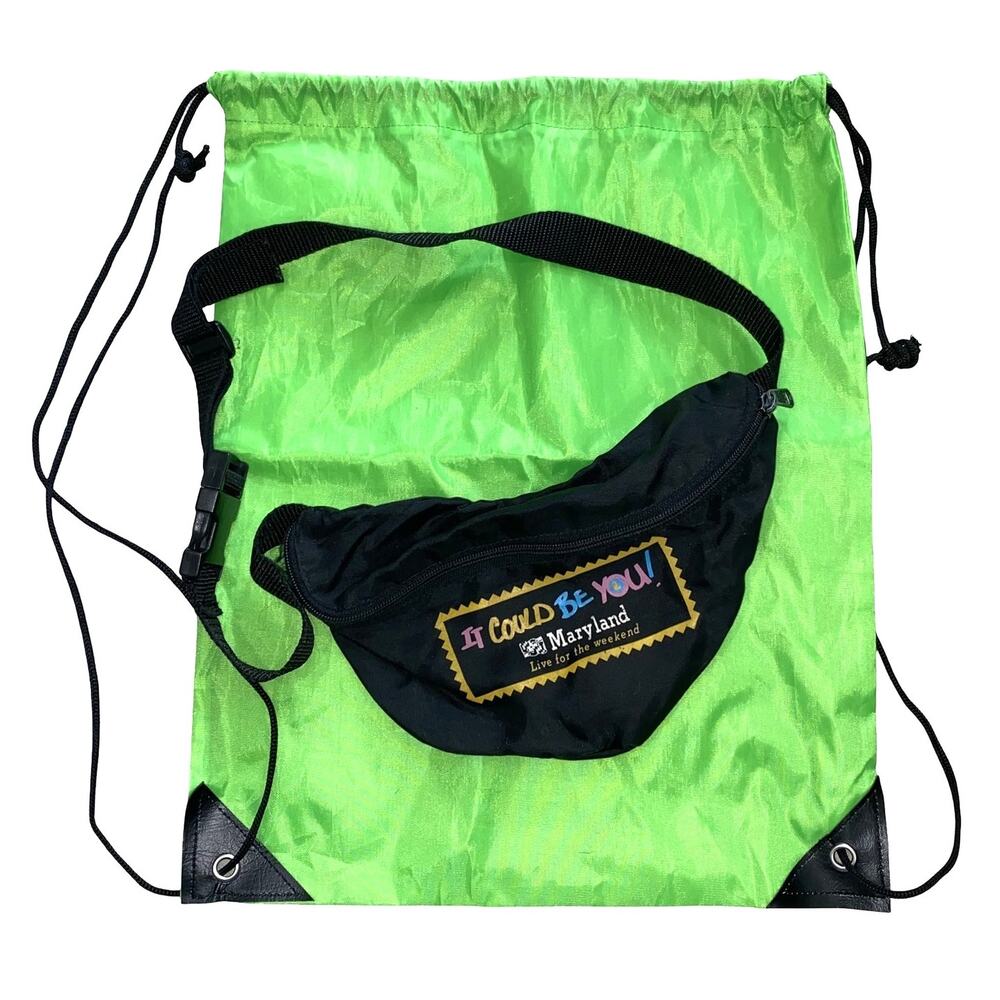Vintage Maryland "It Could Be You!" Fanny Pack & Neon Green Cinch Bag Bundle